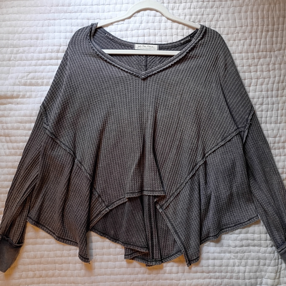 Free People Charcoal Waffle-Knit Handkerchief Hem Top
